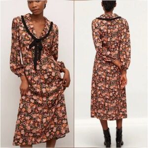 Nobody's Child Phoebe Prairie Ditsy Floral Frill Tie Neck Midi Dress SZ US 8